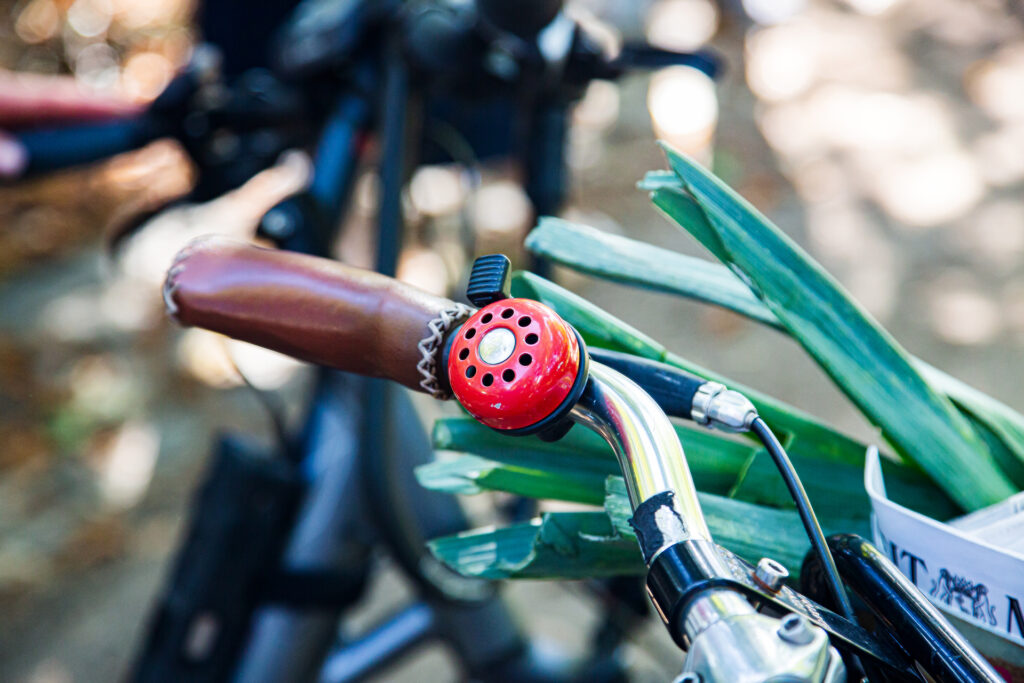Fahrradlenker mit roter Klingel in der Nahaufnahme