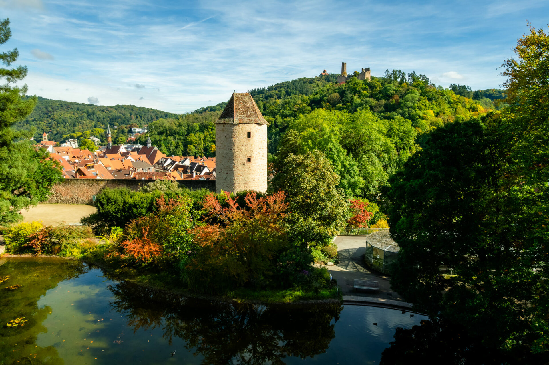 Blick auf einen Turm vom Wasser aus in Weinheim