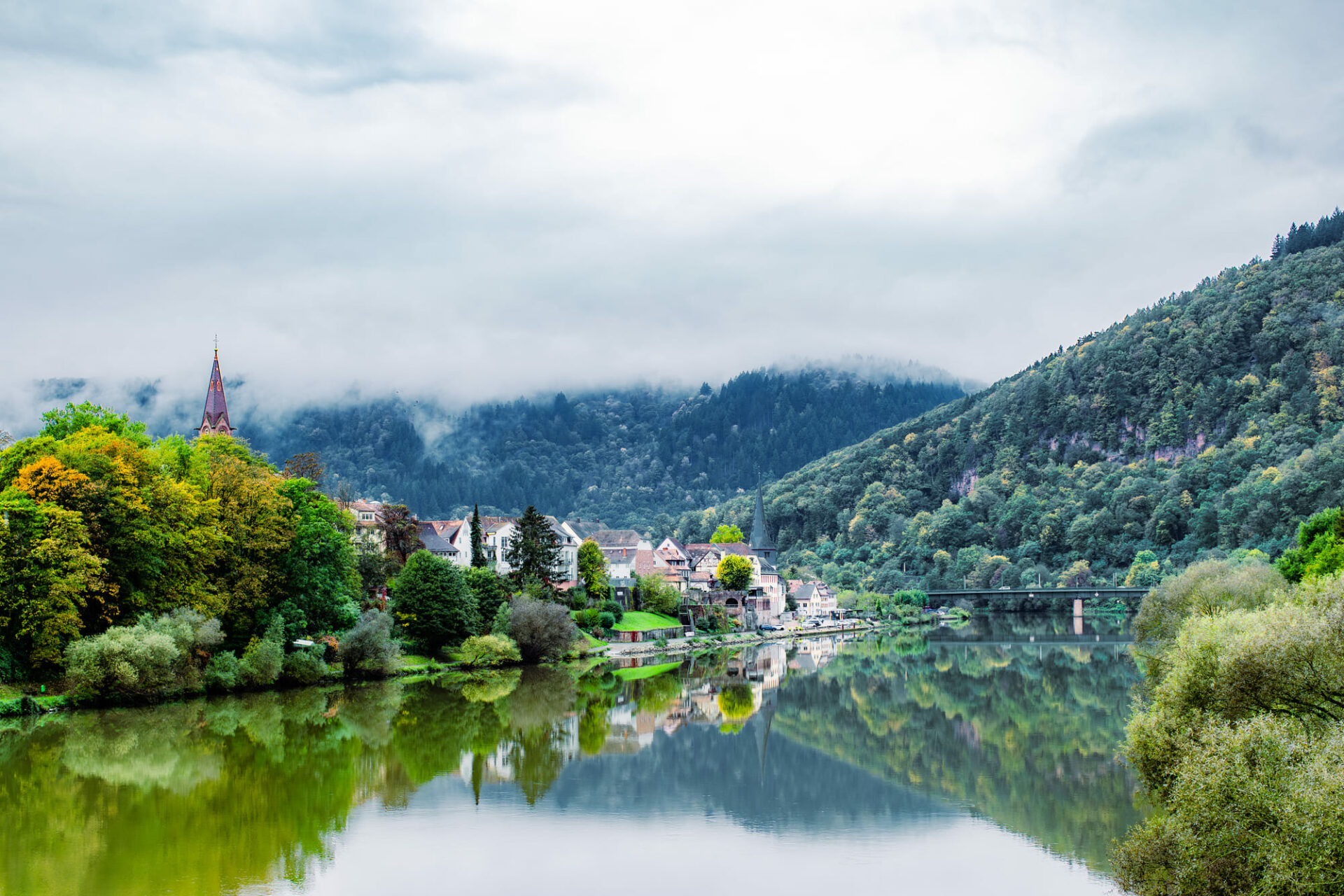 Neckar im Nebel mit Siedlung am Ufer